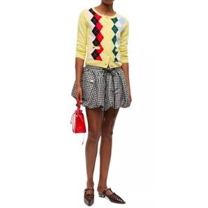 $237 Ganni Yellow Argyle Cardigan Embroidered Logo Button Front Sweater Womens